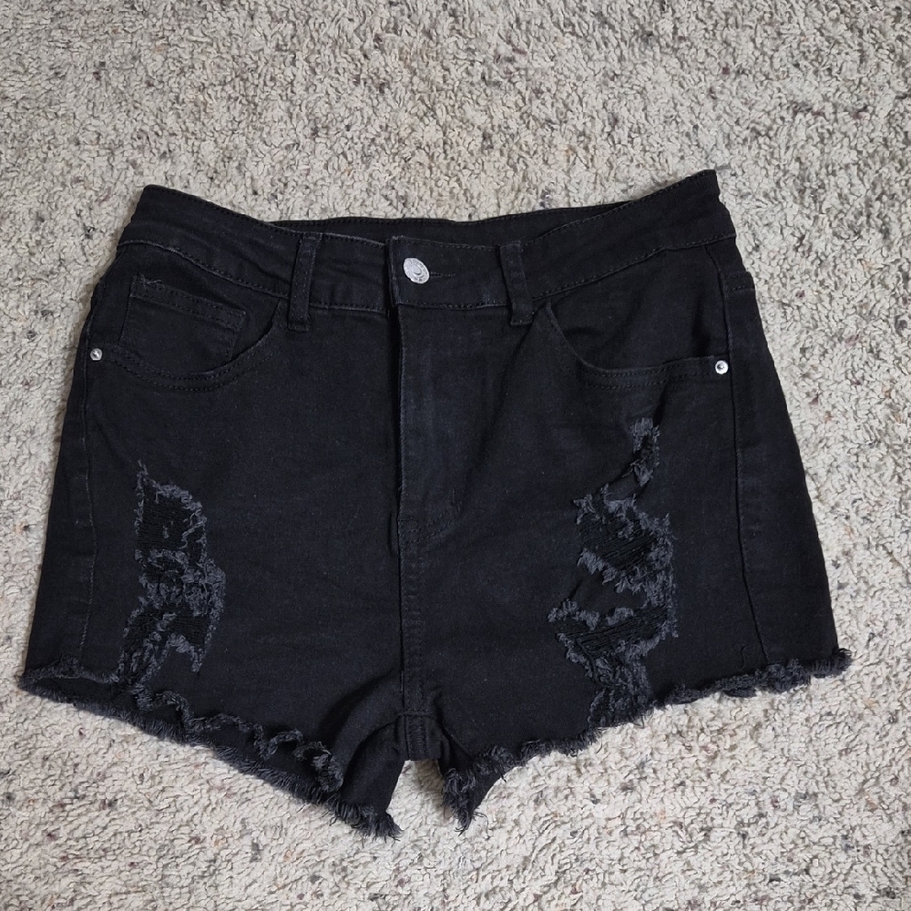 Black Distressed Stretch Frayed Jean Shorts Size 6